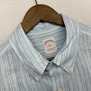 Brooks Brothers Shirt Men's large Blue White linen 346 Striped Lightweight